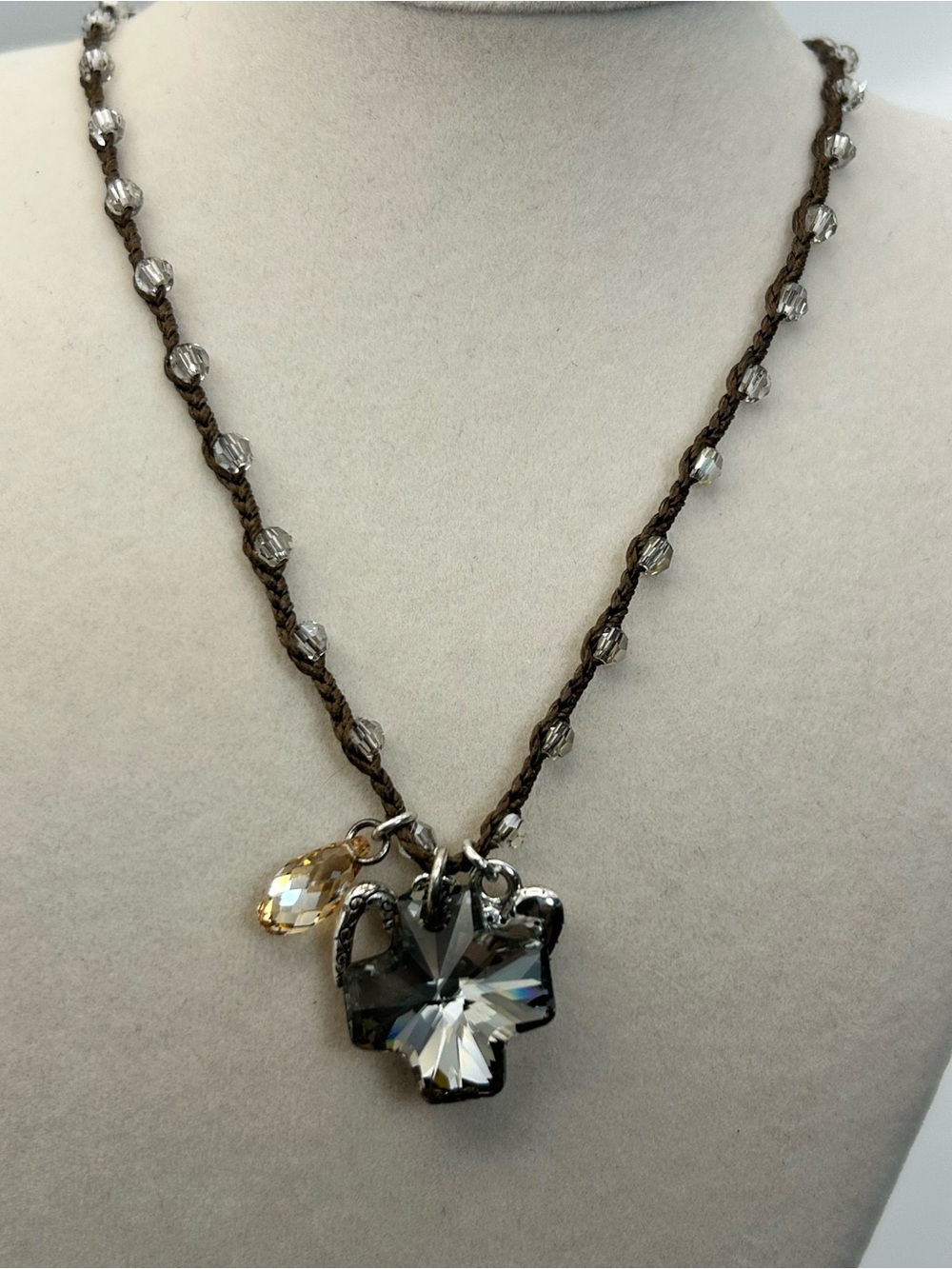 Brighton Karma Cross Necklace Brown Beaded Cord Smoky Gray Crystal Cross J45372 - Picture 5 of 14